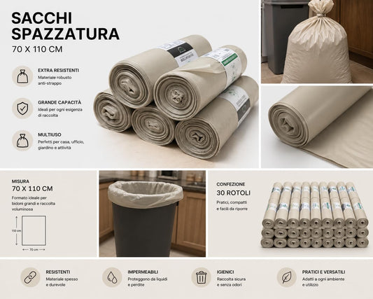 45 Sacchi Ambra Trasparenti Grandi Resistenti misura 90x120 cm in Plastica HDPE, 130 litri, Sacchetti indifferenziata, Buste spazzatura, Bustoni immondizia condominiali, 5 Rotoli da 9 Buste