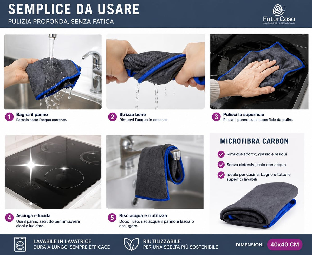 Set 3 panni in microfibra e fibra di carbonio – 40×40 cm