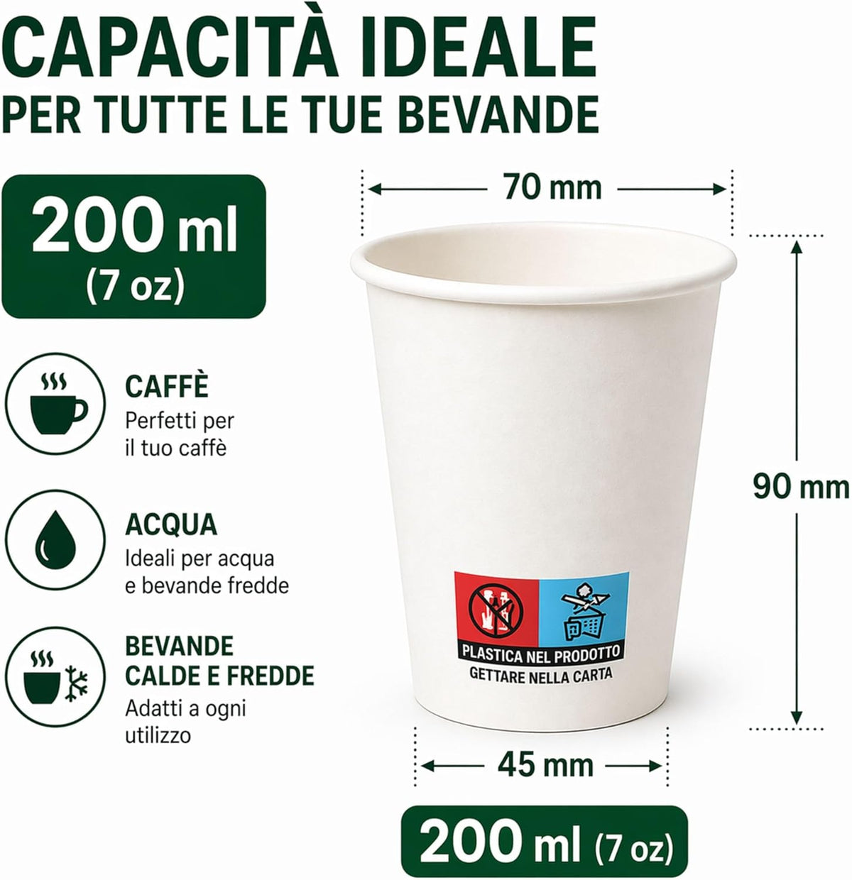 500 Bicchieri Carta 200 ml Monouso Bianchi – Bicchieri Carta per Acqua e Bevande Calde – Ideali per Bar, Ufficio ed Eventi – Made in Italy