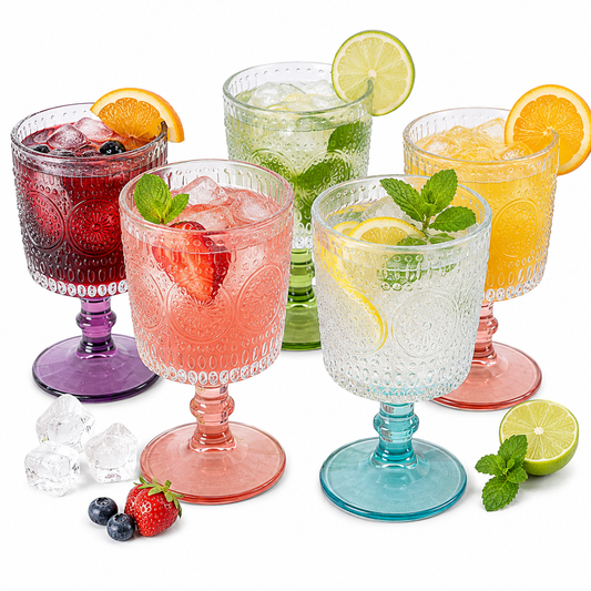 Set 6 Calici in Vetro Colorato e Trasparente 210 ml - Bicchieri da Acqua e Vino con Lavorazione Barocco Vintage, Eleganti per Tavola e Feste
