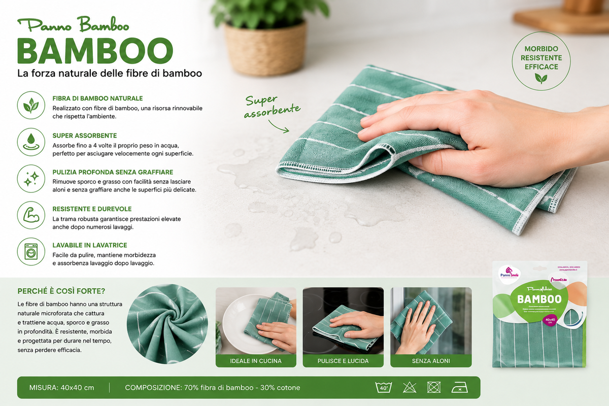 3 Panni in Microfibra e Fibra di Bambù 38x38 cm – Panno Universale Multiuso per Pulizia Casa, Vetri e Superfici – Extra Assorbente e Senza Aloni