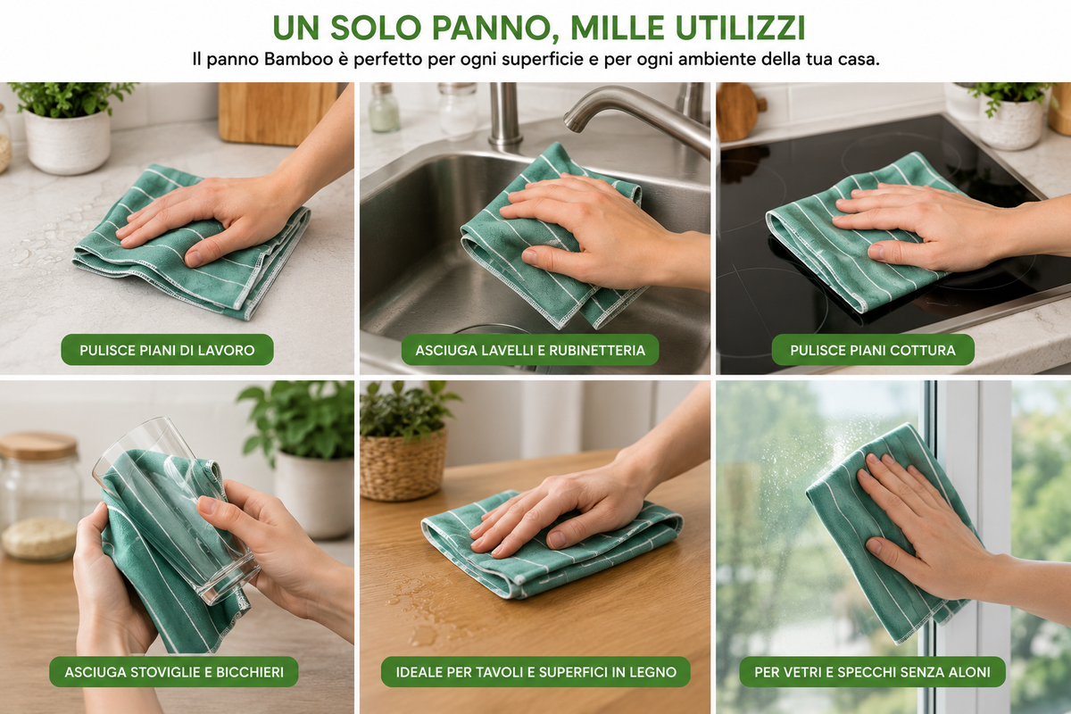 3 Panni in Microfibra e Fibra di Bambù 38x38 cm – Panno Universale Multiuso per Pulizia Casa, Vetri e Superfici – Extra Assorbente e Senza Aloni