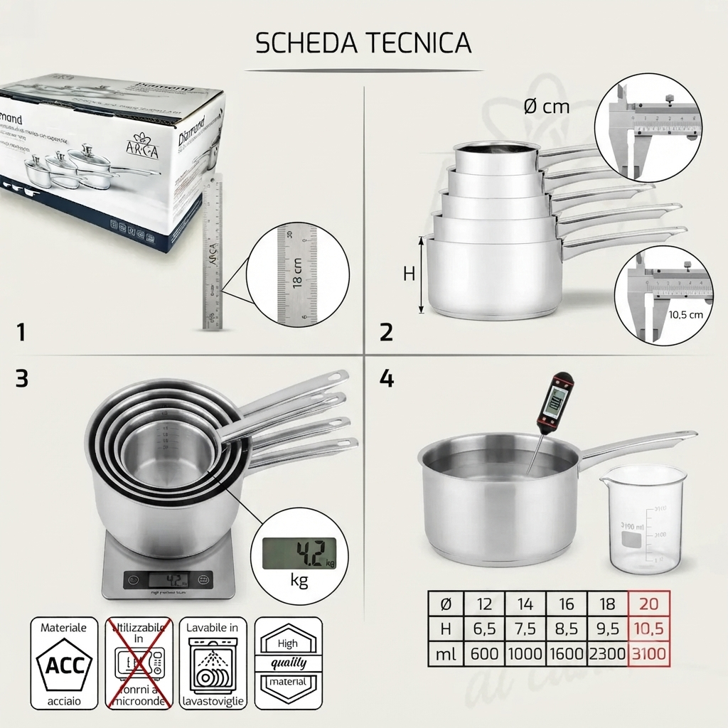 Set 5 Casseruole 1 Manico In Acciaio