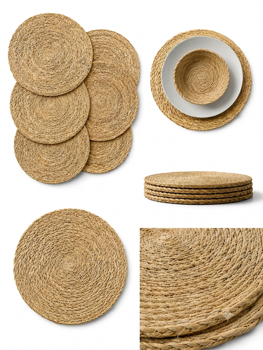 Set 6 tovagliette rotonde beige in fibra naturale intrecciata – Stile boho
