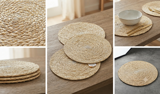 Set da 6 Tovagliette Americane Rotonde sottopiatti in Fibra Naturale Intrecciata - Stile Boho Chic e Rustico per una Tavola Calda e Accogliente