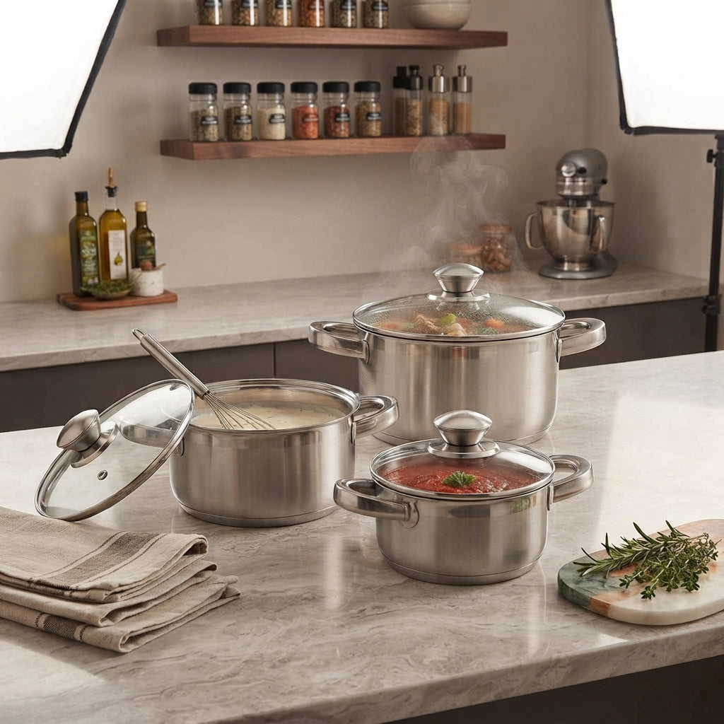 Set 3 casseruole in acciaio inox con coperchio – 12, 14 e 16 cm