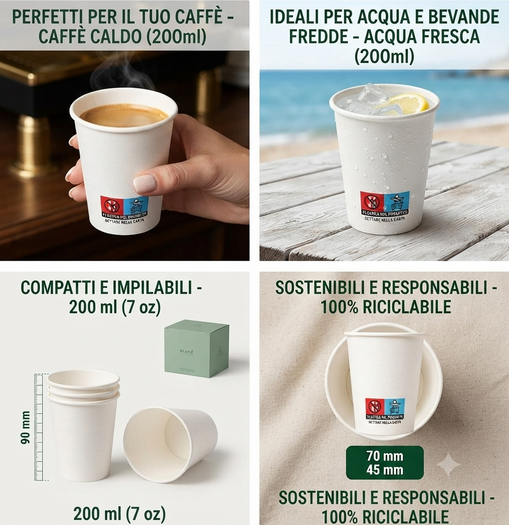 500 Bicchieri Carta 200 ml Monouso Bianchi – Bicchieri Carta per Acqua e Bevande Calde – Ideali per Bar, Ufficio ed Eventi – Made in Italy
