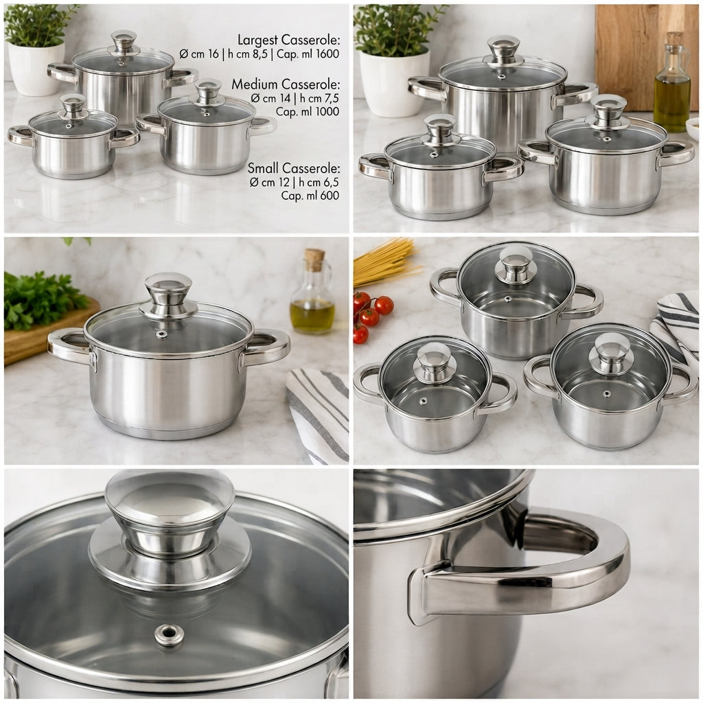 Set 3 casseruole in acciaio inox con coperchio – 12, 14 e 16 cm