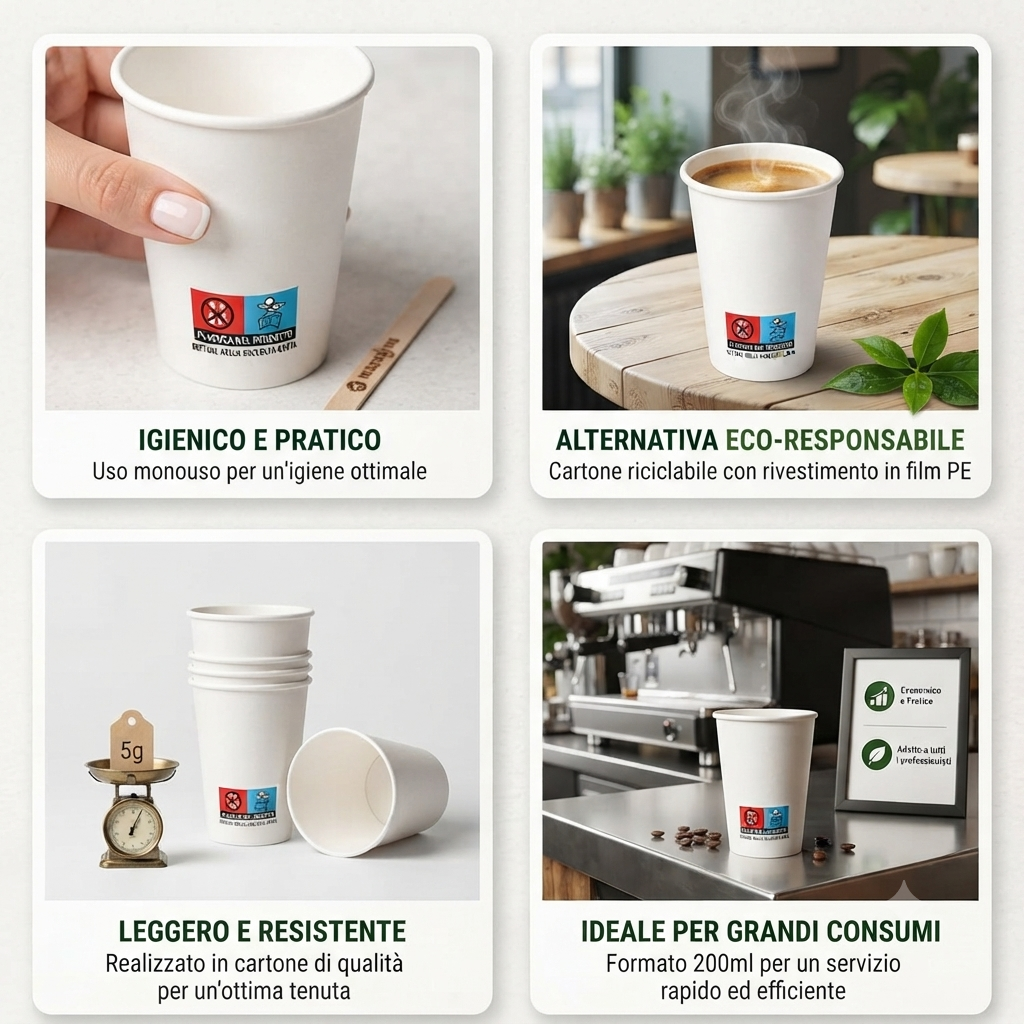 500 Bicchieri Carta 200 ml Monouso Bianchi – Bicchieri Carta per Acqua e Bevande Calde – Ideali per Bar, Ufficio ed Eventi – Made in Italy
