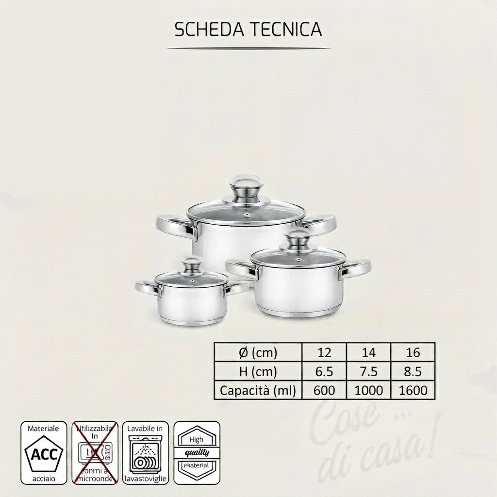 Set 3 casseruole in acciaio inox con coperchio – 12, 14 e 16 cm
