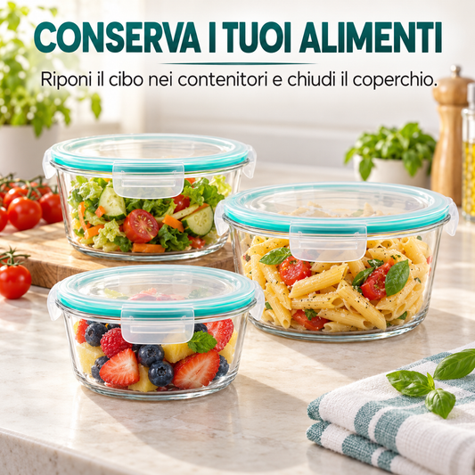 Set 3 contenitori per alimenti con coperchi a clip e bordo verde