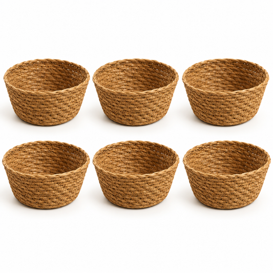 Set di 6 cestini rotondi intrecciati – Diametro 16 cm, altezza 8 cm