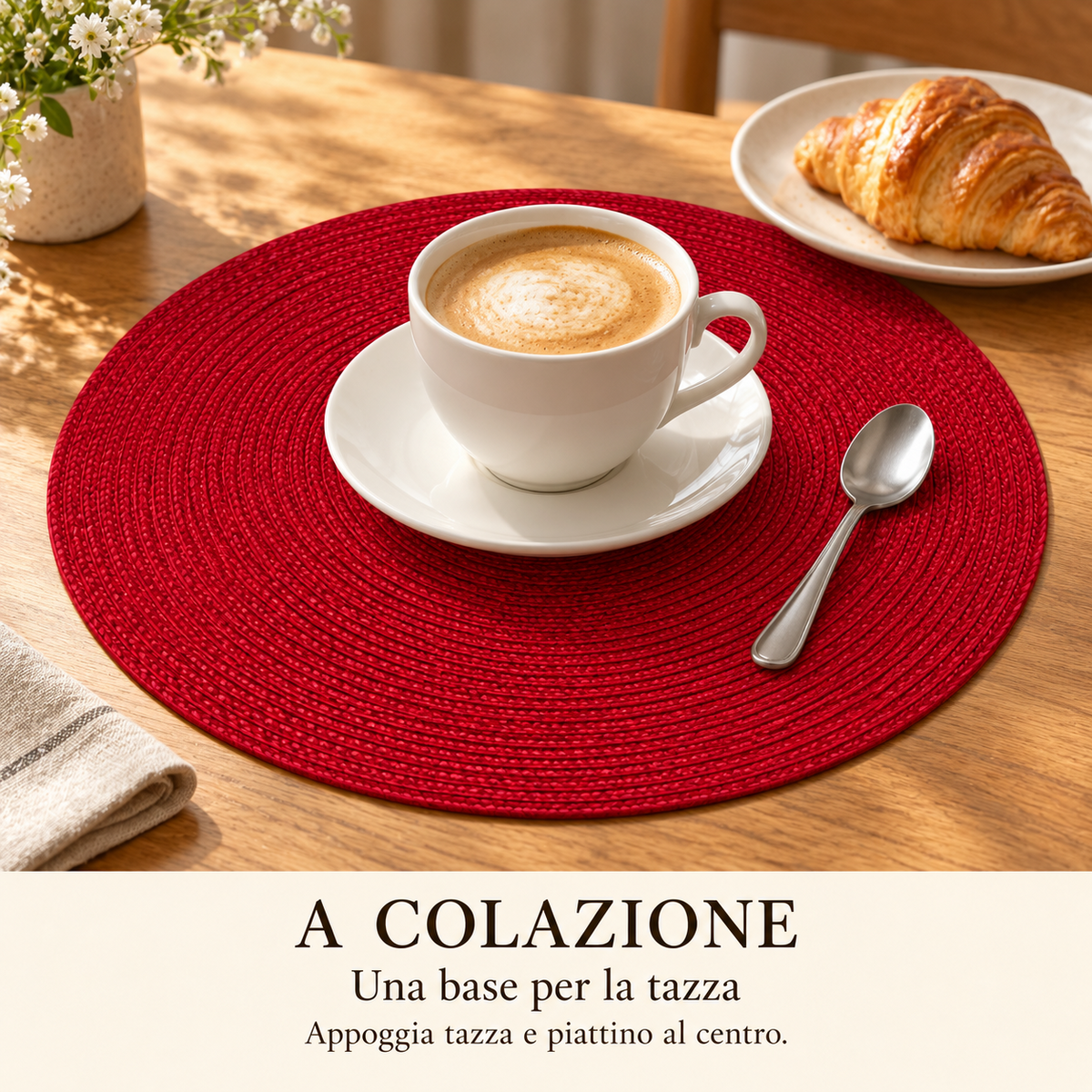 Set di 6 tovagliette rotonde intrecciate – Diametro 38 cm, disponibili in Marrone, Beige e Rosso