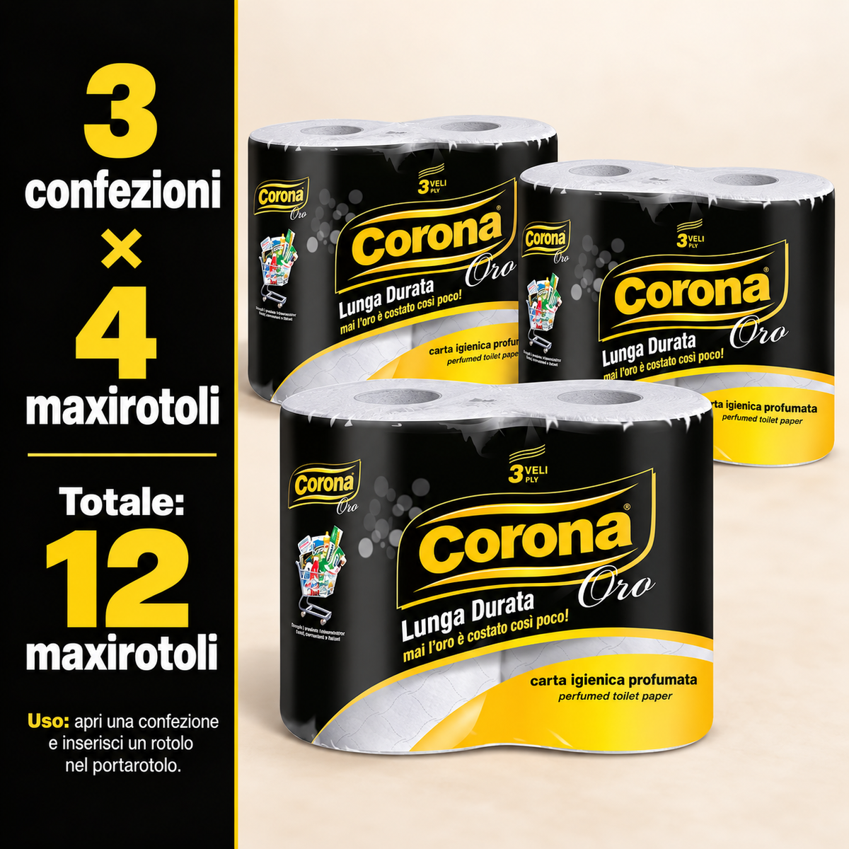 12 rotoloni carta Corona Oro 3 veli