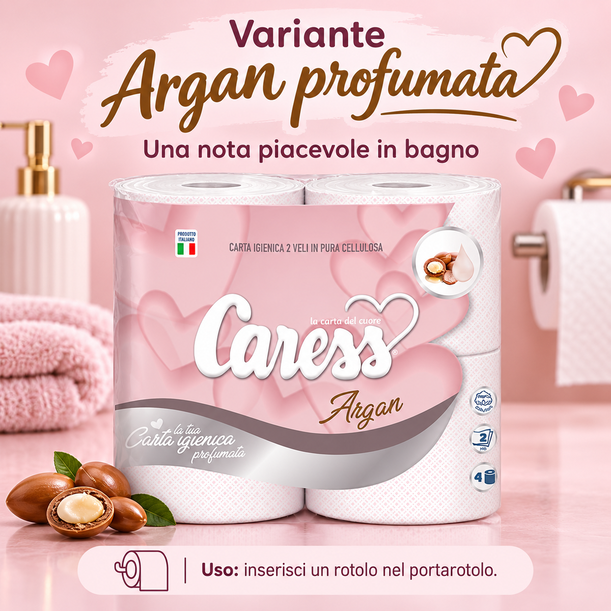 20 maxirotoli carta igienica Caress Argan profumata – 2 veli