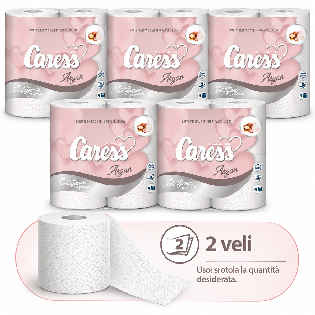 20 maxirotoli carta igienica Caress Argan profumata – 2 veli