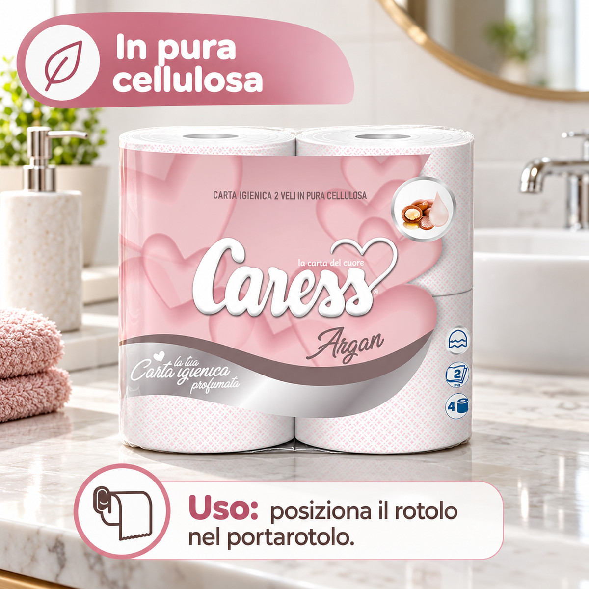 20 maxirotoli carta igienica Caress Argan profumata – 2 veli