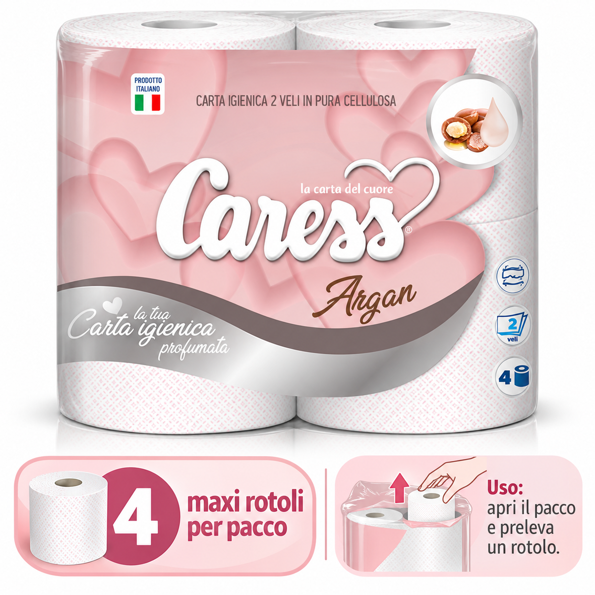 20 maxirotoli carta igienica Caress Argan profumata – 2 veli