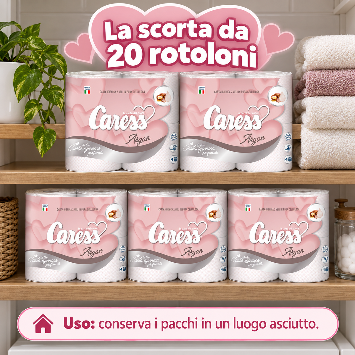 20 maxirotoli carta igienica Caress Argan profumata – 2 veli
