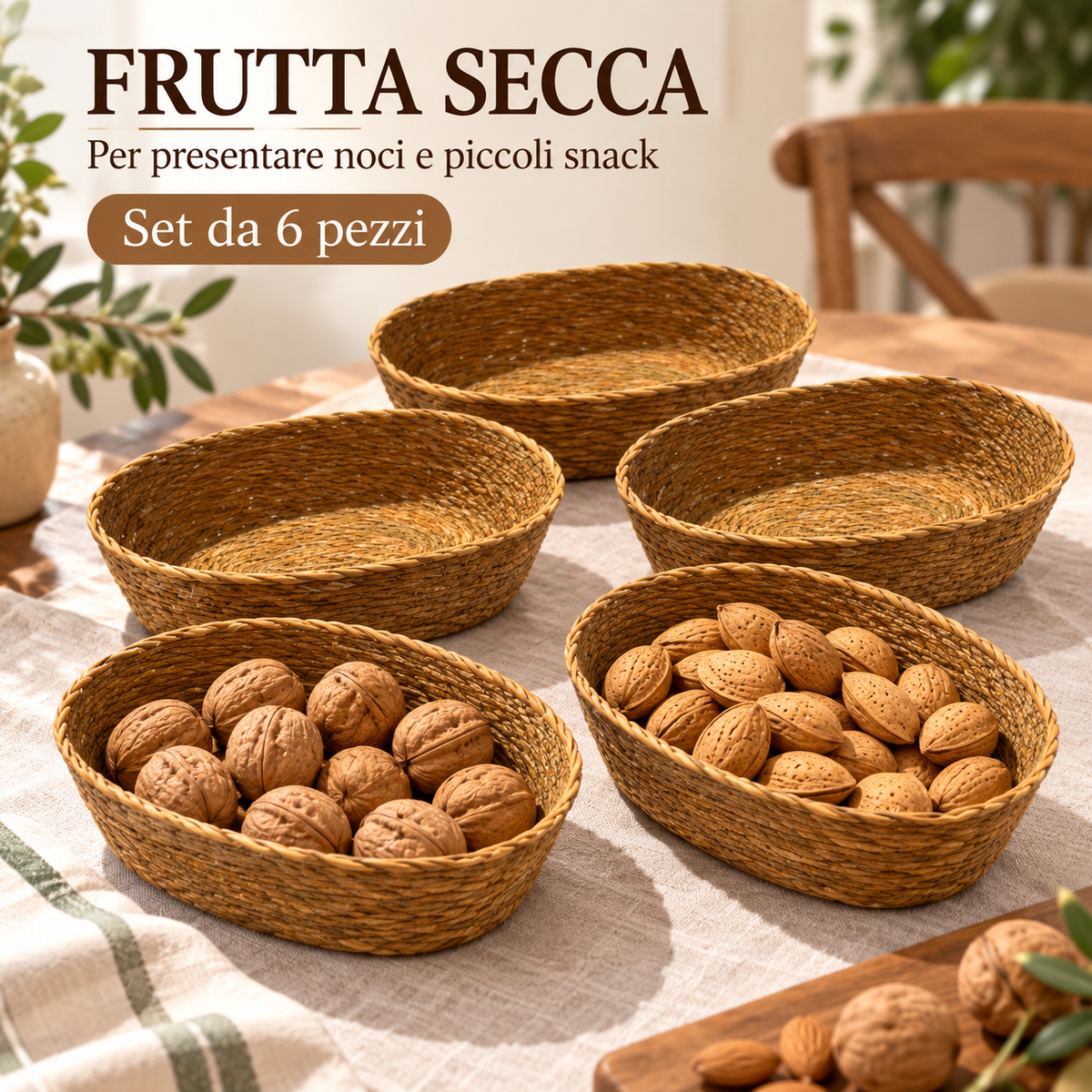 Set di 6 cestini ovali intrecciati – 20 × 14 × 8 cm