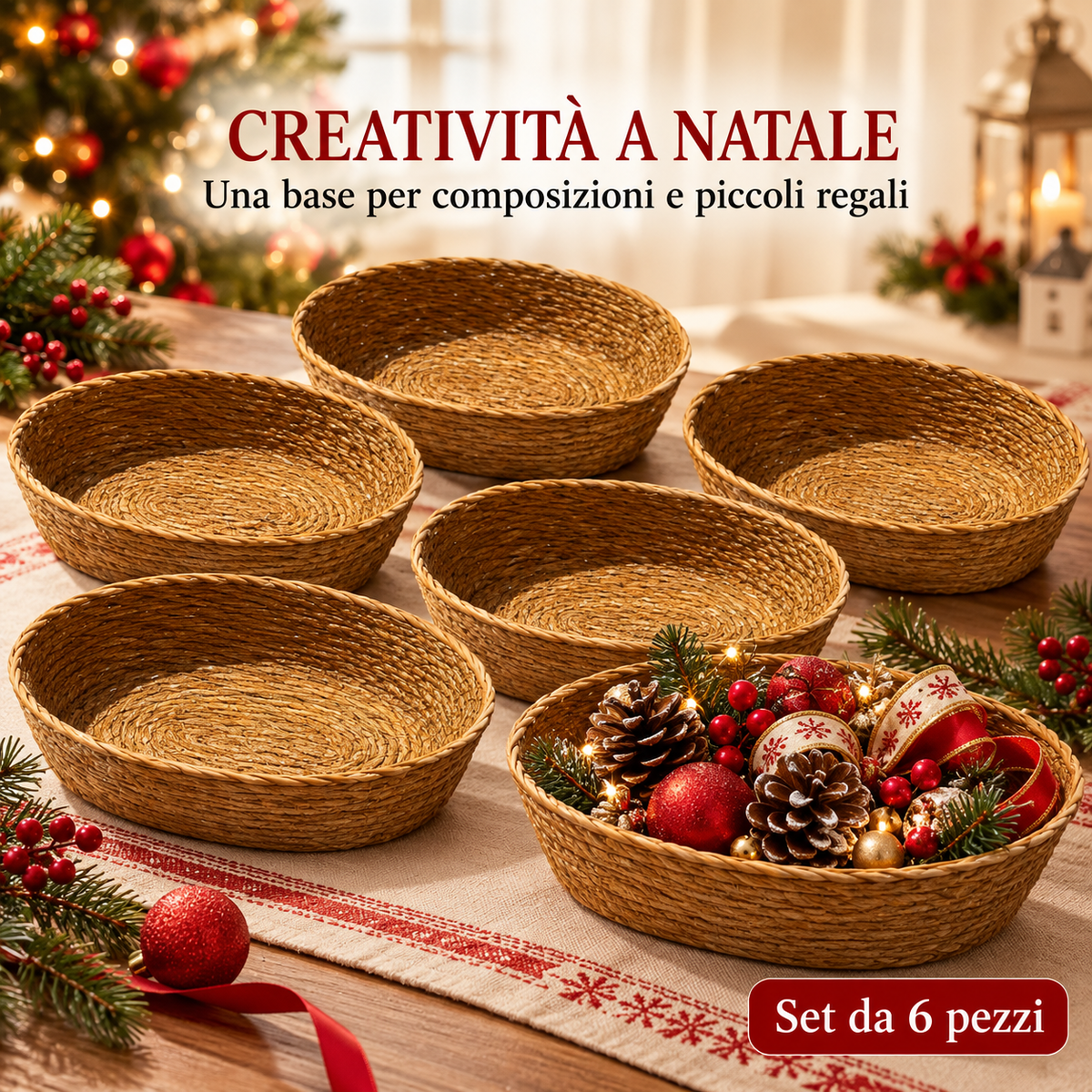 Set di 6 cestini ovali intrecciati – 20 × 14 × 8 cm