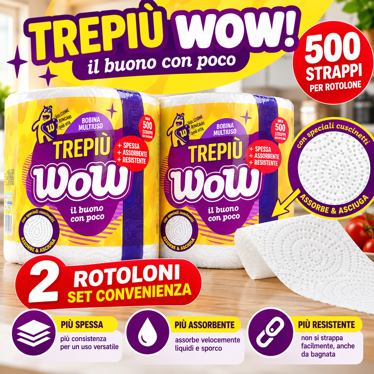 2 maxirotoli  Wow multiuso – 500 strappi per rotolo