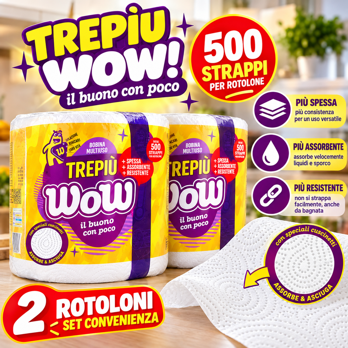 2 maxirotoli  Wow multiuso – 500 strappi per rotolo