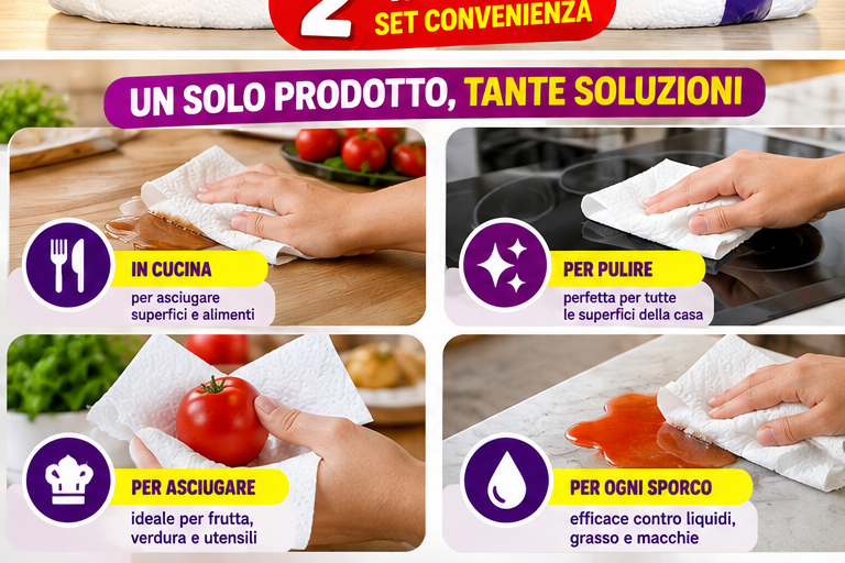 2 maxirotoli  Wow multiuso – 500 strappi per rotolo
